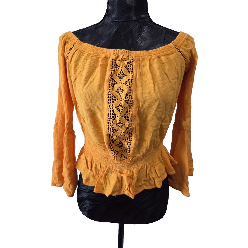 Boho Peasant Blouse Mustard Yellow Ruffle Festival Y2K Rue 21 M Juniors
